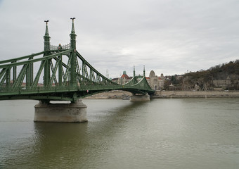 Liberty Bridge in Budapest at the end of november, Hungary                             