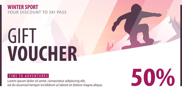 Gift voucher with diagonal lines and a place for the image. Universal flyer template for advertising winter sport.