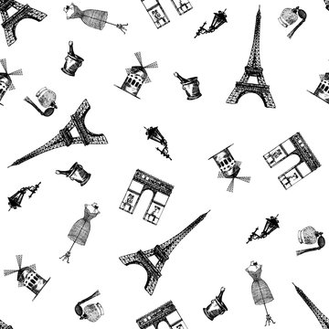 Hand drawn sketch style seamless pattern of France themed objects. Vector illustration.