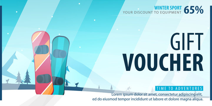 Gift voucher with diagonal lines and a place for the image. Universal flyer template for advertising winter sport.