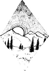 Illustration of mountains, trees, sunset or sunrise in a rhombus