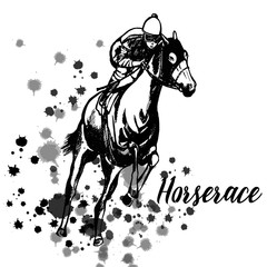 Hand drawn sketch style jockey on a horse. Vector illustration isolated on white background.