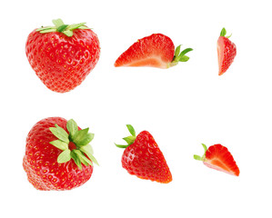 set of strawberries in a cut and whole, with a spine, isolated on a white background.
