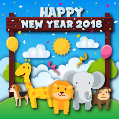 Cute Cheerful Zoo Animal Theme Happy New Year 2018 Paper Art Card Illustration, Suitable for Children Greeting Card, Party Invitation, And Social Media