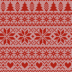 Seamless Christmas nordic knitting vector pattern with fir-trees, snowflakes, Selburose or hearts