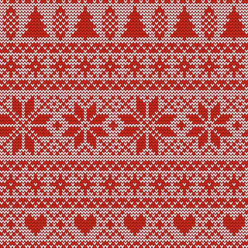 Seamless Christmas nordic knitting vector pattern with fir-trees, snowflakes, Selburose or hearts