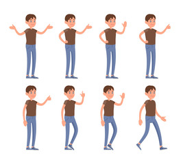 Fototapeta na wymiar A young man in the cartoon style dressed in casual clothes is in different poses