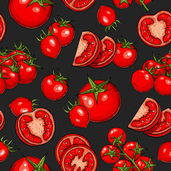 Seamless hand drawn pattern with tomatoes, slices, halves and cherry tomatoes. Natural vegetable background for textiles, banner, wrapping paper and other and designs. Vector illustration