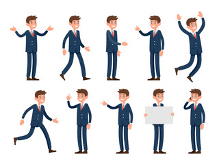 A business spokesman character in cartoon style dressed in suit. Set of vector characters in different poses and gestures featuring greeting with hand, shrugging, pointing finger, walking and more.