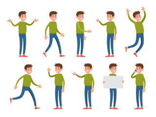 A man in cartoon style dressed in casual clothes. Set of vector characters in different poses and gestures. Caucasian guy in a sweater, jeans and sneakers.
