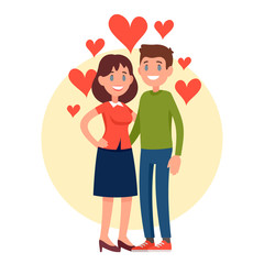 Couple in love. Man and woman embracing each other affectionately. Man and woman stand on the background with hearts. Vector illustration in a cartoon or flat style