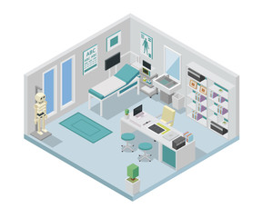 Modern creative doctor clinic office space interior design in isometric view
