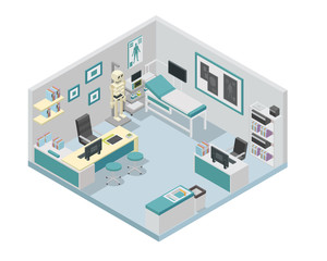 Modern creative doctor clinic office space interior design in isometric view