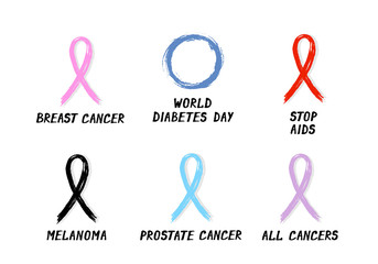 Fototapeta premium Symbolic ribbons - set of 6 ribbons - breast cancer - diabetes - AIDS - melanoma - prostate cancer- all cancers