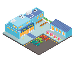 Modern Isometric Electrical Store Commercial Building Illustration