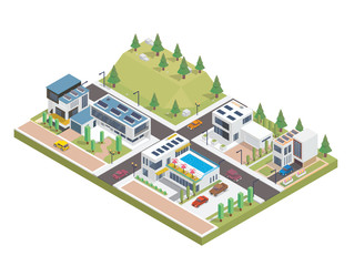 Modern Luxury Isometric Green Solar Panel Eco Friendly Housing Complex, Suitable for Diagrams, Infographics, Illustration, And Other Graphic Related Assets