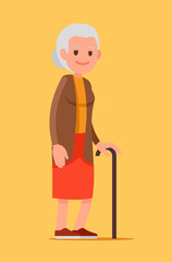 Illustration of an old woman with a cane. Senior lady walking. Vector illustration. Flat style. Elderly woman, old lady, grandmother.