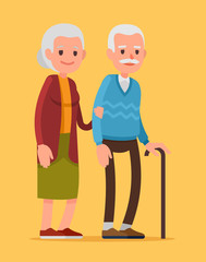 An elderly couple is walking and holding hands. Vector illustration of a flat design