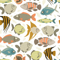 Seamless pattern with decorative fish. Cartoon style. Freehand drawing