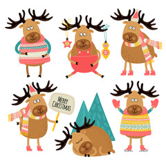 Set of illustrations with Christmas reindeer. Can be used for scrapbook, postcards, stickers, print, etc.