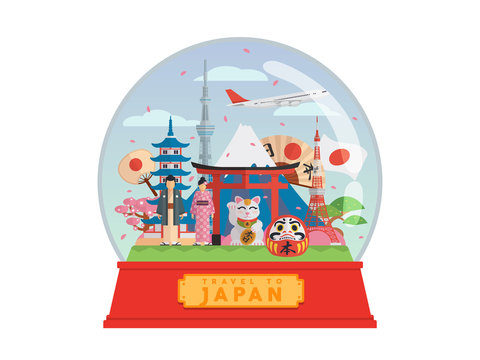 Japan Famous Tourist Destination Snow Globe Illustration