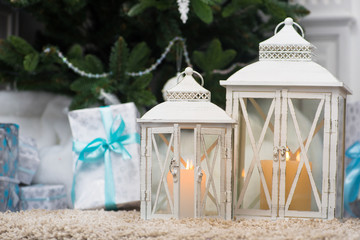 Fototapeta na wymiar Christmas lantern candlestick with candles