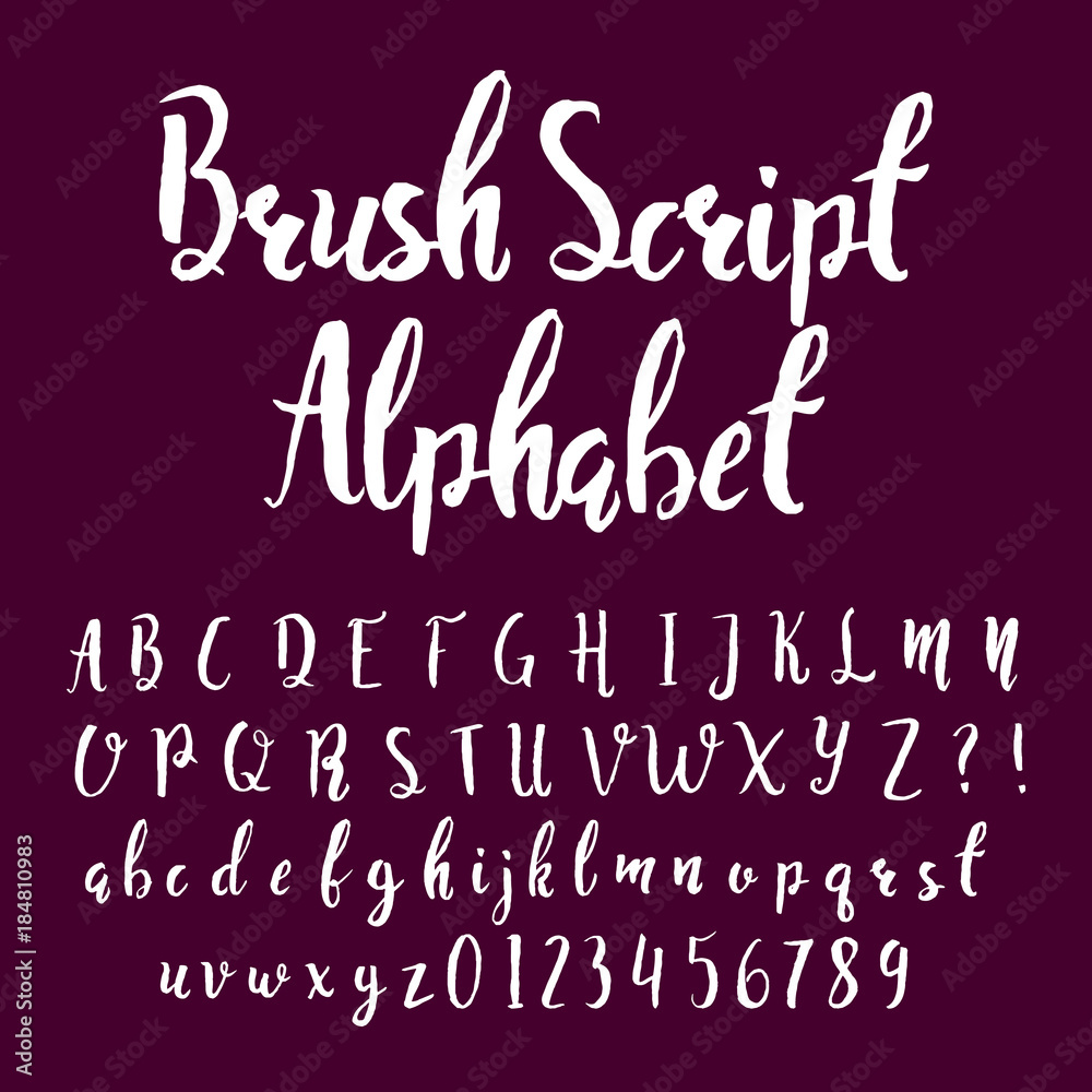 Poster brush script alphabet font. hand drawn uppercase and lowercase letters and numbers. stock vector typ