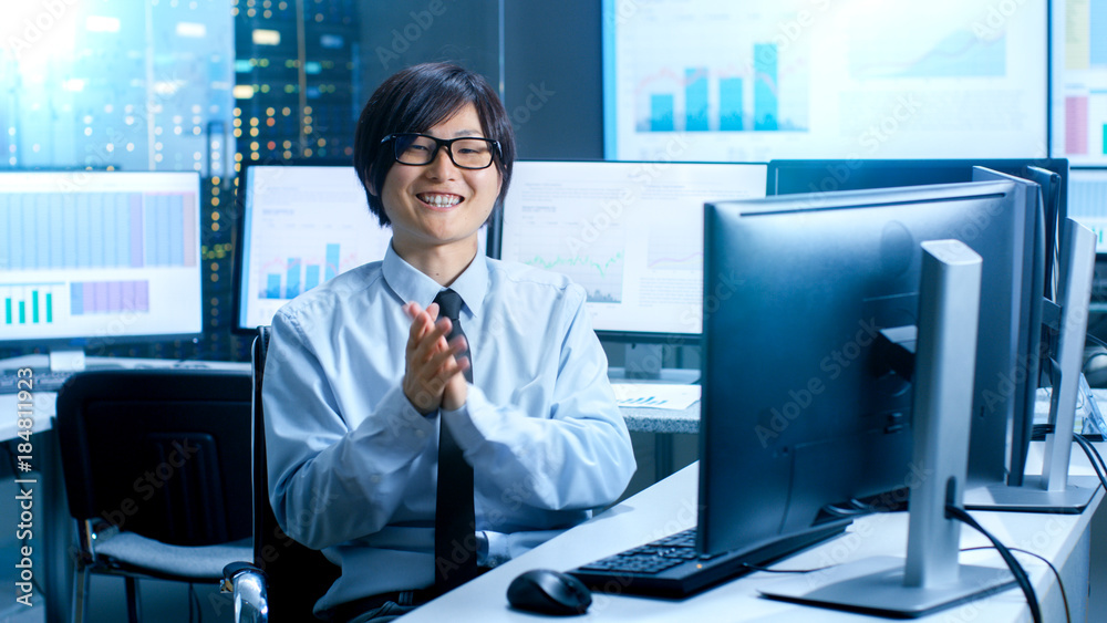Aufkleber In the Data Mining Center Statistician Claps His Hands while Sitting at His Workstation Surrounded with Monitors Displaying Data and Graphs.