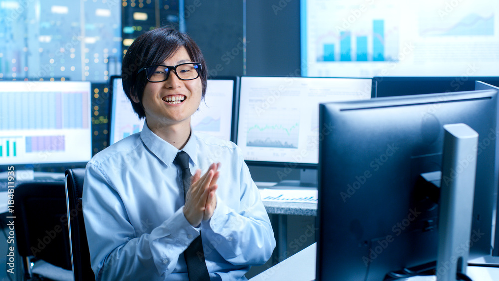 Aufkleber In the Data Mining Center Statistician Claps His Hands while Sitting at His Workstation Surrounded with Monitors Displaying Data and Graphs.
