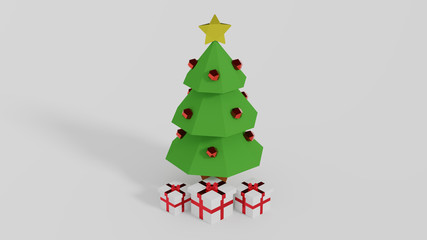 Christmas Tree with three white and red gifts wrapped beneath