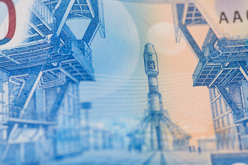 Banknote of two thousand rubles, detail view. Macro with selective focus and shallow depth of field.