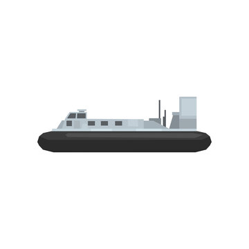 Cartoon naval combat ship. Nautical marine boat icon. Large water transport. Graphic element for website, mobile game or infographic. Flat vector design
