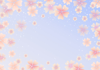 Spring border background with pink cute vector cherry blossom on light blue background. Vector illustration with spring season flowers