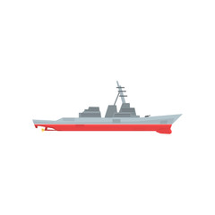 Fototapeta premium Navy battleship icon. Military ship with large-caliber artillery. Colored marine vehicle. Graphic design for sticker, poster, website, mobile game. Flat vector illustration