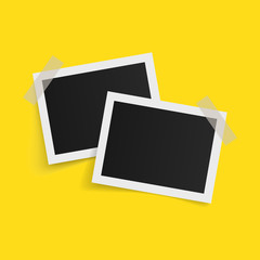 Rectangle photo frames on sticky tape on yellow background. Vector illustration.