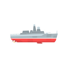 Cartoon military tanker. Navy warship with radars and cannon. Colored boat icon. Flat vector design Graphic element for website, mobile game, infographic