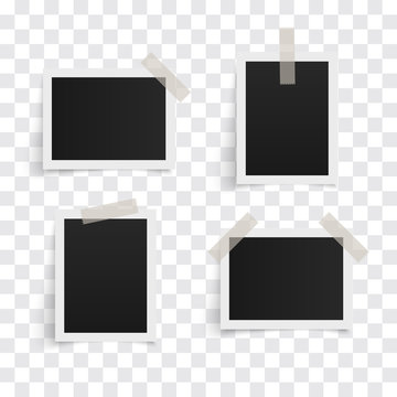 Set of rectangle vector photo frames on sticky tape on a transparent background. Template photo design. Vector illustration