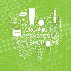 vector design of the emblem and logo of the organic cosmetics store. hand-drawn creams, ointments and herbs on a green background