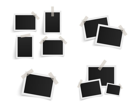 Set of rectangle vector photo frames on sticky tape on white background. Template photo design. Vector illustration