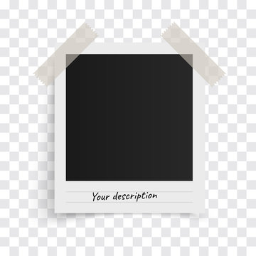 Polaroid photo frame template with shadows on sticky tape on a transparent background. Vector illustration.