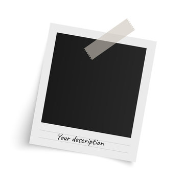 Polaroid photo frame template with shadows on sticky tape on white background. Vector illustration.