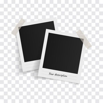 Polaroid photo frames on sticky tape on a transparent background. Vector illustration.