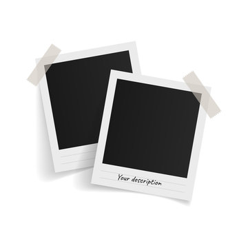 Polaroid photo frames on sticky tape on white background. Vector illustration.