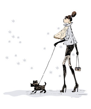 Fashionable girl with little dog.