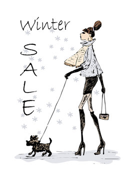 Fashionable cool girl with little dog. Winter sale poster, background.