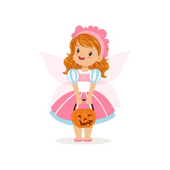 Sweet little girl in halloween costume standing with a basket made of pumpkin vector Illustration