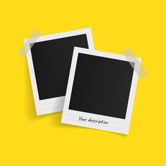 Polaroid photo frames on sticky tape on yellow background. Vector illustration.