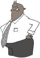 Illustration of a happy black businessman looking up with hands on his hips.