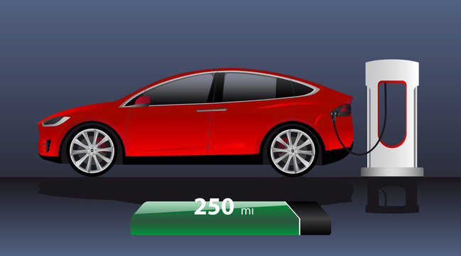 Modern electric car charging at the charger station with indicator of power reserve. Vector illustration EPS 10