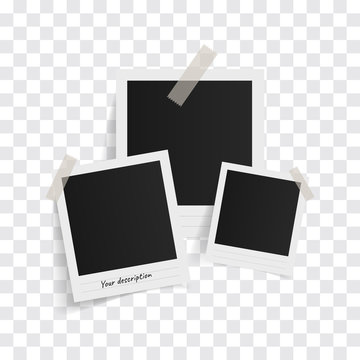 Polaroid photo frames on sticky tape on a transparent background. Vector illustration.